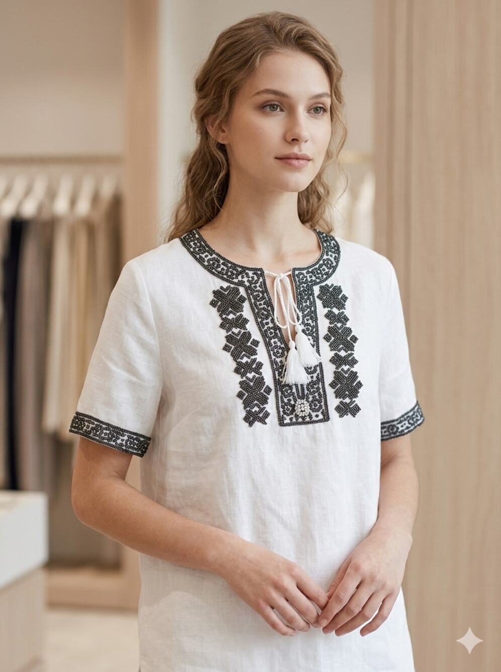 Talbots 100% Linen Embellished Bohemian Short Sleeve Tunic Size XL